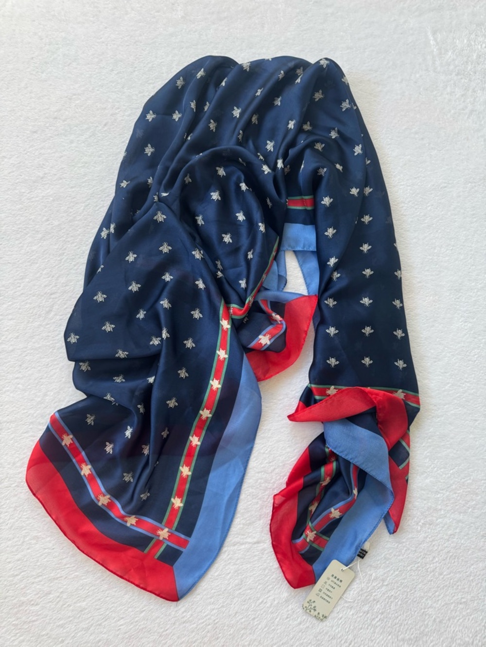 Navy Bee Print Silk Scarf with Red & Light Blue Trim
